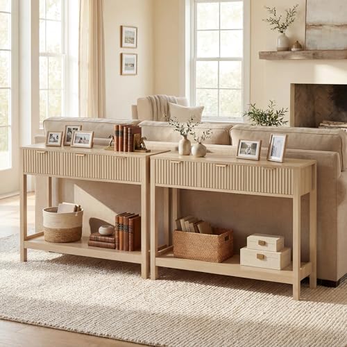 Fluted Console Table, Wooden Sofa Table with Storage and Drawers, Farmhouse Behind Couch Table Entryway Table for Entrance, Hallway, Living Room, Oak