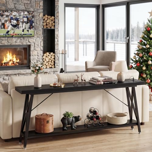 70.9 Inch Extra Long Console Table, Industrial Sofa Table Behind Couch with Charging Station & Storage Shelf, Entryway Table for Living Room & Entryway, Black