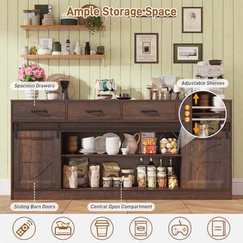 70" Large Farmhouse TV Stand for 85/80/75/70 Inch TVs w/4 Drawers,Rustic Tall Media Console w/Sliding Barn Door, Adjustable Shelves,Tall Entertainment Center for Living Room,Brown