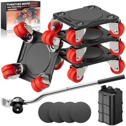 Heavy Duty Furniture Movers with Wheels Dolly with Auxiliary Lifter, All-New Upgraded Carbon Steel Panels & Dual-Wheeled Casters, Supports up to 1650 lbs (L)