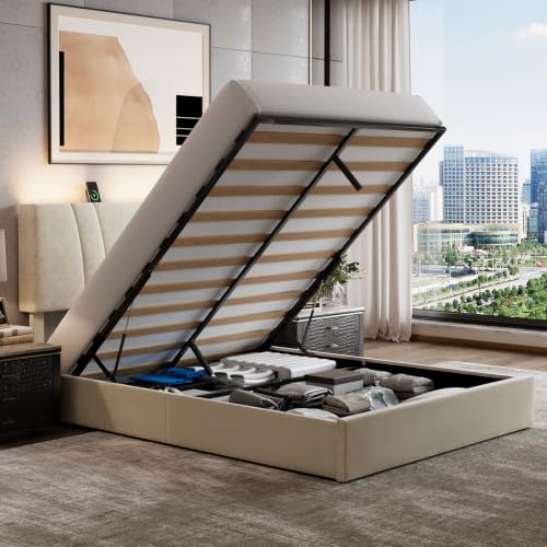 Queen Lift Up Storage Bed Frame/Charging Station/LED Light, White, view 2