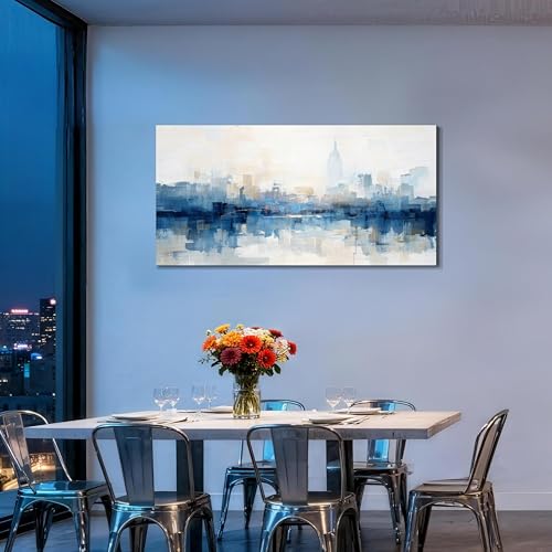 NY Skyline Wall Art Abstarct Cityscape Canvas Painting 40"x20" | new york print for living room blue white NYC picture artwork framed for bedroom office home hallway wall decoration