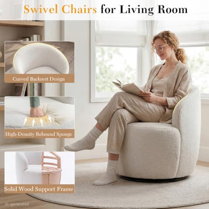 Swivel Barrel Chair, 360° Small Single Sofa Armchair Comfy Round Sofa Chair, Boucle Chairs Padded Armchair, Modern Round Accent Arm Chairs for Living Room Bedroom, Teddy Ivory