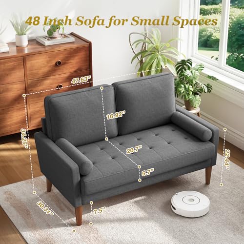 Loveseat Sofa with Solid Wood Legs, 48" Small Couches for Small Spaces, Love Seat for Living Room, Bedroom, Easy Assembly Mid Century Modern Couch with Throw Pillow for Apartment, Grey