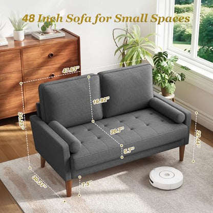 Loveseat Sofa with Solid Wood Legs, 48" Small Couches for Small Spaces, Love Seat for Living Room, Bedroom, Easy Assembly Mid Century Modern Couch with Throw Pillow for Apartment, Grey