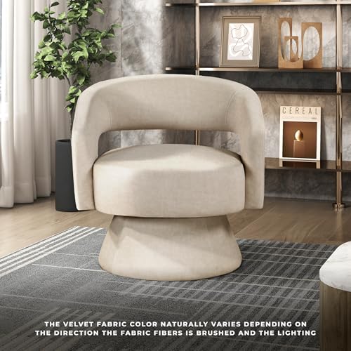 360 Degree Swivel Accent Chair, Modern Comfy Velvet Round Barrel Chair, Open Back, Plush Foam Cushions, Metal Swivel Base for Living Room/Bedroom/Office/Small Spaces, Taupe