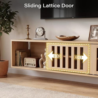 58" Floating TV Stand Wall Mounted with Power Outlet, Natural, view 5