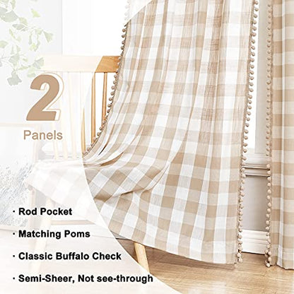Pompom Buffalo Check Curtains Taupe and White Plaid Window Treatment Set 95 inch Rustic Farmhouse Curtain Drapes for Living Room Bedroom Kids Dorm 2pcs Rod Pocket