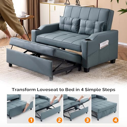Blue Grey Futon Sofa Bed Convertible Loveseat Sleeper Couch, Faux Leather Pullout Sofa Fold Out Couch Bed with USB Ports, Cup Holders, Armrest for Living Room, Bedroom Apartment Room