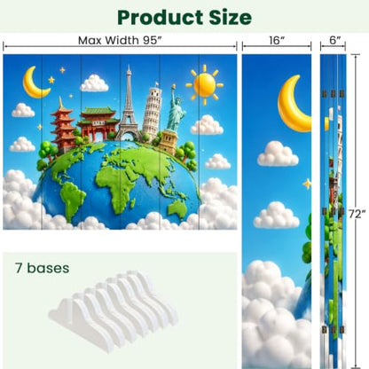 6 Panels Folding Screen Room Divider Whimsical World Landmarks Globe Vibrant Sky Clouds Boho Divider for Room Separation Portable Privacy Partition Screen Indoor