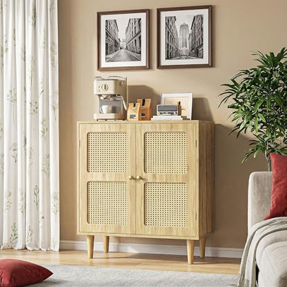 Rattan Sideboard Buffet Cabinet with Storage,Boho Credenza Accent Cabinet with 2 Magnetic Doors and Adjustable Shelves and Solid Wood Legs for Dining Room, Entryway, 31.5" x 15.8" x 34.6"