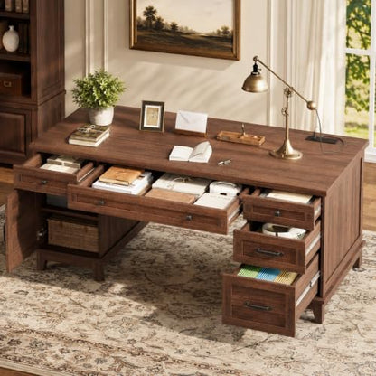 60" Farmhouse Executive Desk with File Drawers, Rustic Brown, view 2