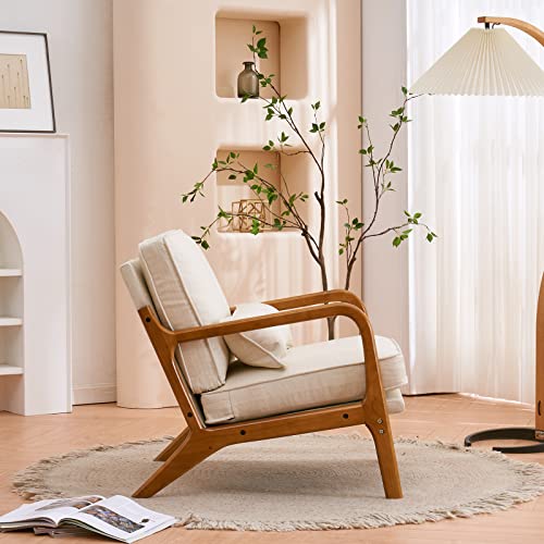 Mid-Century Accent Reading Chairs Set of 2, Beige | Linen Upholstered, Solid Wood Frame, Soft Cushion, Lumbar Pillow, Lounge Armchair for Living Room, Bedroom, Balcony, Study