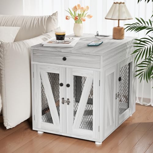 Wooden Dog Crate End Table with USB Charging Station, Gray, view 2