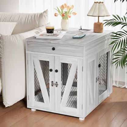 Wooden Dog Crate End Table with USB Charging Station, Gray, view 2