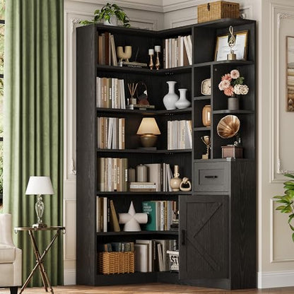74'' Tall Corner Bookshelf, 6-Tier Book Shelf with Drawer and Cabinets, view 2