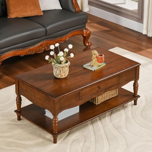 Rectangular Coffee Table with 2 Storage Drawers, Mid-century Solid Wood Living Room Table with Carved Leg, Elegant Vintage Center Table, No-Tools Assembly, 43.3”L x 23.6”W x 18”H Caramel Brown KFZC008