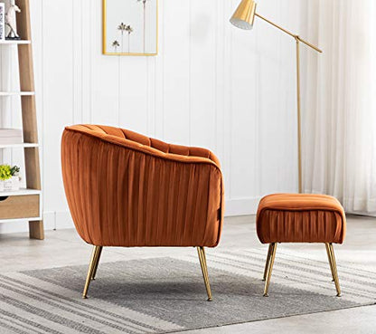 Velvet Modern Tub Barrel Arm Chair Upholstered Tufted with Gold Metal Legs Accent Club Chair with Ottoman Footrest for Living Reading Room Bedroom, Caramel Color