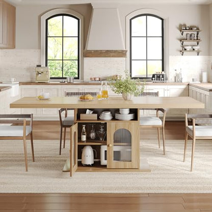 Dining Table for 4–6, 63 Inch Wood Farmhouse Kitchen Table with 3-Tier Storage Shelf and Acrylic Door Cabinet, Rectangular Modern Dining Room Dinner Table for Apartment Home Small Space, Light Oak
