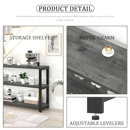 47 Inch Rustic Metal and Wood Entryway Table, Console Table Behind Couch with 3 Tier Storage Shelves, Sofa Table for Living Room Hallway Foyer, Industrial Grey
