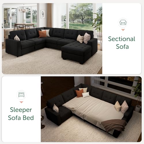 Modular Sectional Sleeper Sofa with Pull Out Bed, U Shaped Sleeper Couches with Storage Chaise, 114'' Sleeper Sectional Sofas for Living Room, Apartment (Velvet Black)