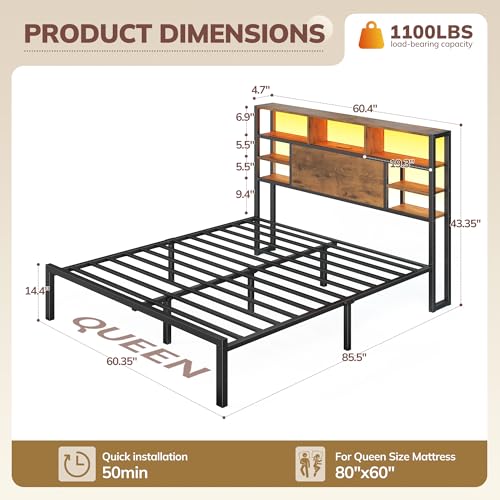 Queen Bed Frame with Storage Headboard and Charging Station, Brown, view 3
