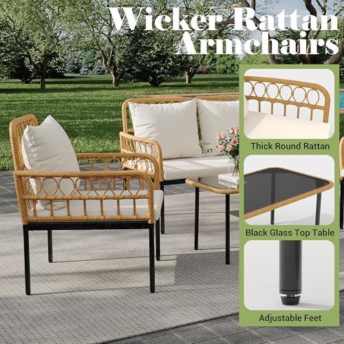 4-Piece Outdoor Patio Furniture Set, All-Weather PE Rattan Wicker Loveseat & Chairs with Glass Coffee Table & Steel Frame, Boho Conversation Set for Patio, Balcony, Backyard, Beige