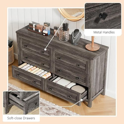 Bedroom Dresser and Nightstand 3 Piece Set, 1 X Wood Rustic 6 Drawer Storage Dresser, Nightstand Set of 2 with Charging Station, Farmhouse Bedroom Furniture Set, Rustic Grey
