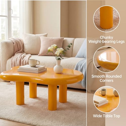 35" Modern Irregular Cloud Coffee Table Yellow Center Desk Minimalist Low Profile Tea Stand Unique Pebble Shape Sofa Side Table for Living Room Bedroom Office Apartment Furniture
