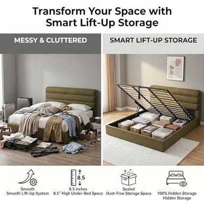 King Size Lift Up Storage Bed, Linen Upholstered Platform Bed, Green, view 6