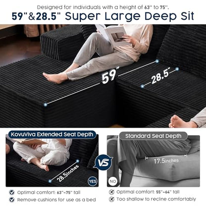 108" Black Modular Sectional Sofa with Ottoman, Cloud U-Shaped Couch for Living Room – No Assembly Needed, Plush Corduroy Fabric, Deep 28" Seat, High-Resilience Foam (Right-Facing Chaise)