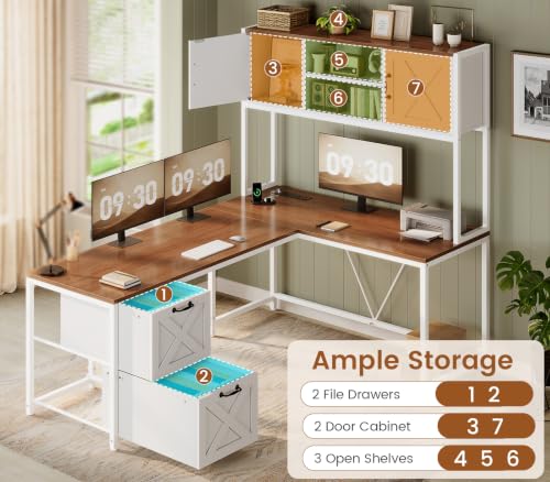 Reversible Farmhouse L Shaped Computer Desk with Drawers, Hutch, view 7