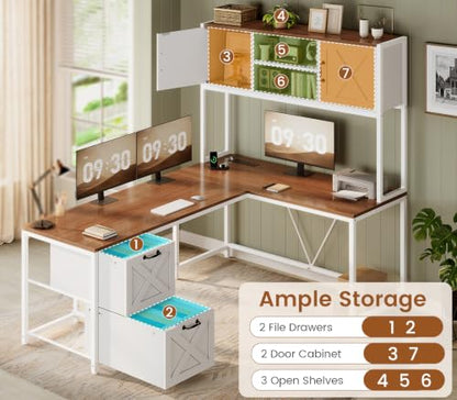 Reversible Farmhouse L Shaped Computer Desk with Drawers, Hutch, view 7