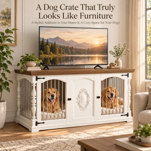 62" Farmhouse Dog Crate Furniture for 2 Dogs,Dog Crate TV Stand, White, view 6