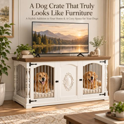 62" Farmhouse Dog Crate Furniture for 2 Dogs,Dog Crate TV Stand, White, view 6