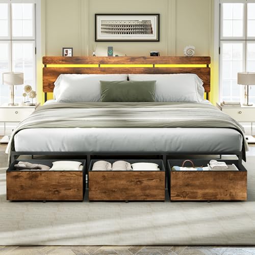 King Size Bed Frame with Wood Headboard,3 Storage Drawers & Shelf, view 2