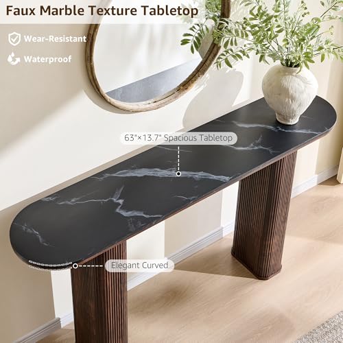 63 Inch Modern Console Table with Arc Faux Marble Texture Top, Fluted Wood Base, Contemporary Entryway Sofa Table for Living Room, Hallway, Foyer, Dark Walnut