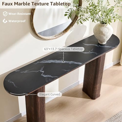 63 Inch Modern Console Table with Arc Faux Marble Texture Top, Fluted Wood Base, Contemporary Entryway Sofa Table for Living Room, Hallway, Foyer, Dark Walnut