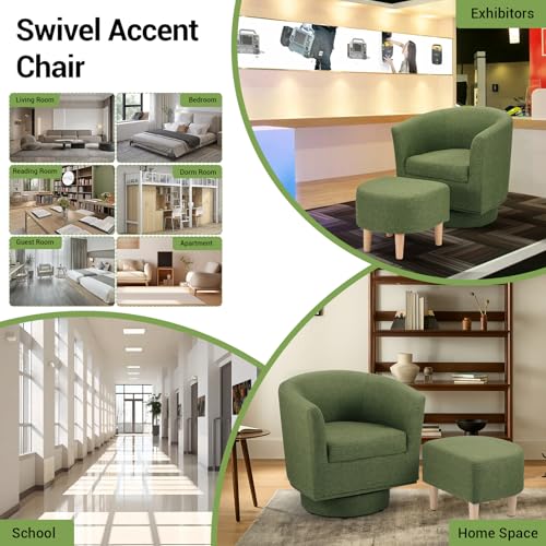 Green Swivel Accent Chair with Ottoman, Comfy Barrel Armchair for Small Spaces, 360° Modern Fabric Lounge Chair for Living Room, Bedroom, Reading Nook, Home Office