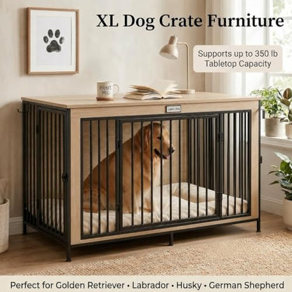 48" XL Dog Crate Furniture for Large Dogs, Farmhouse Light Oak Wood Dog Kennel, view 4
