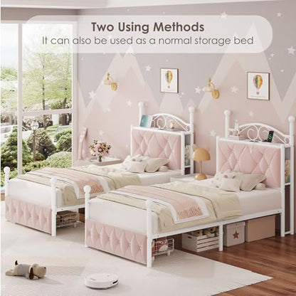 Twin Upholstered Canopy Bed Frame with Drawer & Crystal Tufted Storage, view 5