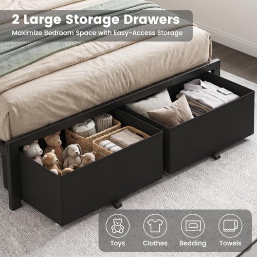 Full Size Bed Frame with Upholstered Headboard and 2 Storage Drawers, view 6