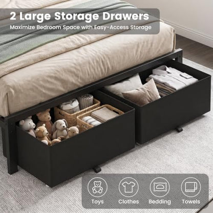 Full Size Bed Frame with Upholstered Headboard and 2 Storage Drawers, view 6