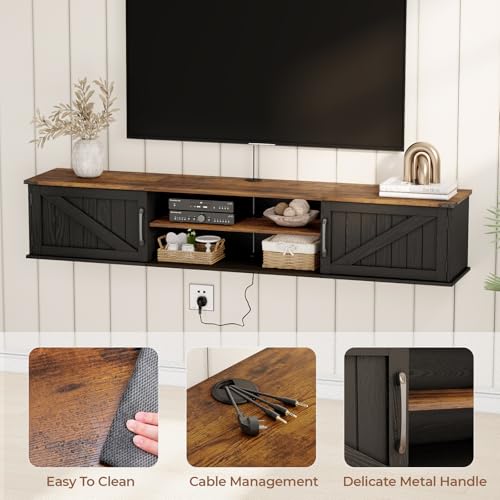 63" Farmhouse Floating TV Stand with Doors for TVs up to 80", Black, view 7
