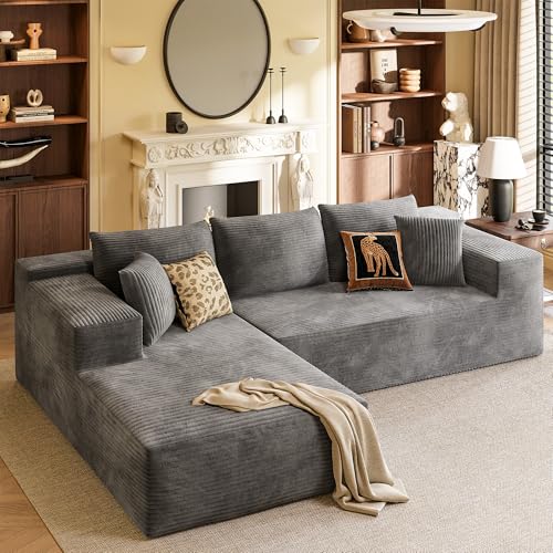 Boneless Couches for Living Room, 108" Sectional Modular Sectional Sofa with Deep Seat, Cloud Comfy Couch with L-Shape Chaise, Easy Assembly (Corduroy, Gray)