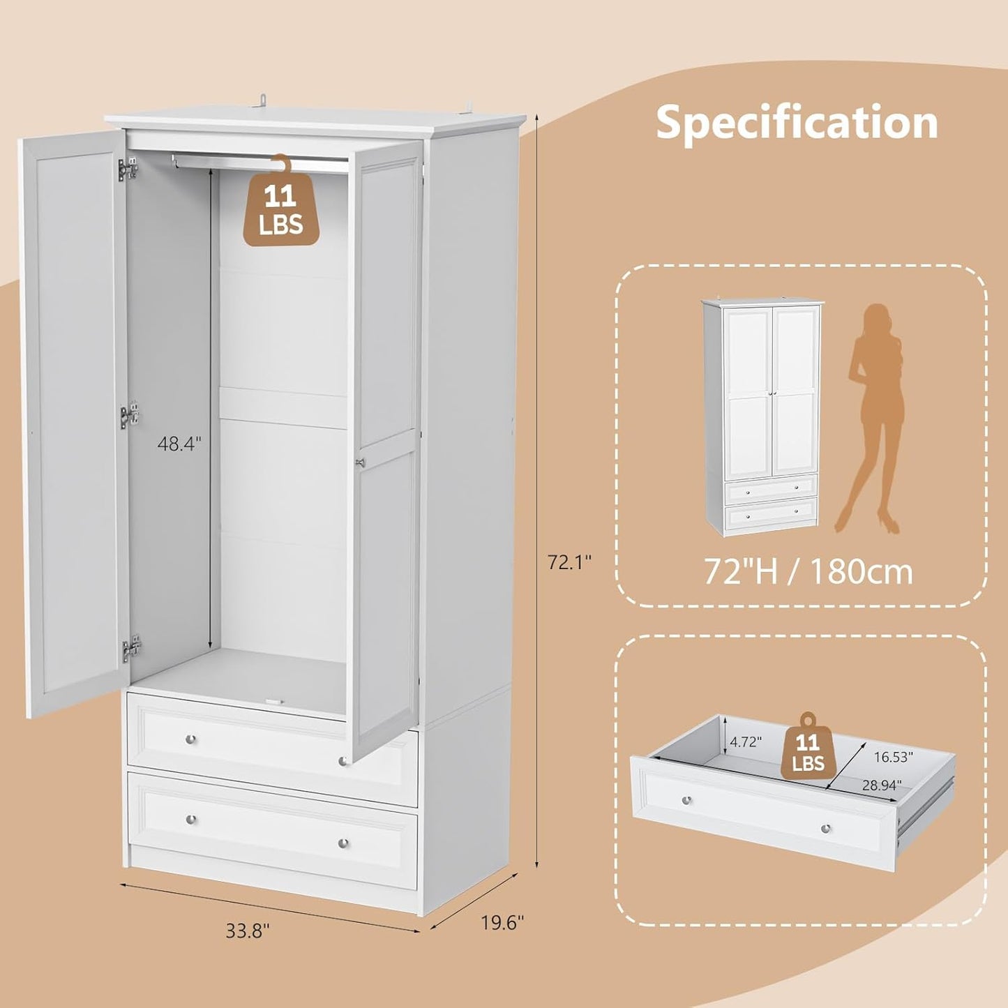 Wardrobe Closet with 2 Doors and 2 Drawers, 72" H Wardrobe Cabinet Closet, Freestanding Clothing Storage Cabinet, Wooden White Bedroom Armoire, Combination for Hanging Clothes