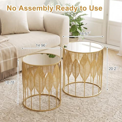 Gold Nesting Tables Set of 2, Glam Leaf Design Round End Table with Stainless Steel Top for Living Room & Bedroom, No Assembly Required