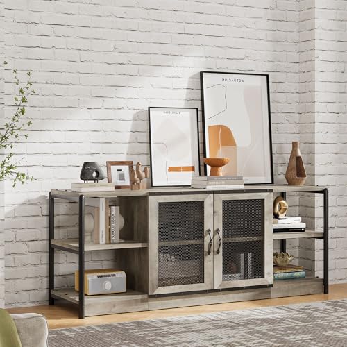 TV Stand for 65+ Inch TV, Industrial Entertainment Center TV Media Console Table, Farmhouse TV Stand with Storage, Mesh Door and Shelves, Gray TV Console Cabinet Furniture for Living Room