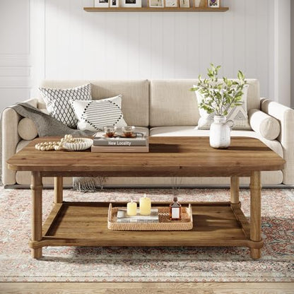 47" Rectangle Coffee Table, Solid Wood Center Table with 2-Tier Storage, Modern Farmhouse Coffee Furniture for Living Room, Home & Family Room, Natural Brown