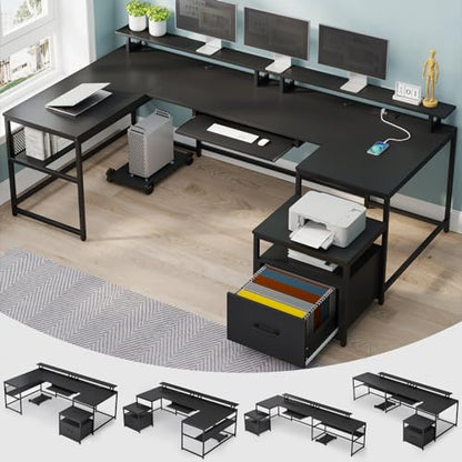 U Shaped Desk,101.5''Reversible L Shaped Home Office Desk with Drawer & Power Outlet,Computer Two Person Desk with Monitor Shelf, Keyboard Tray, Black